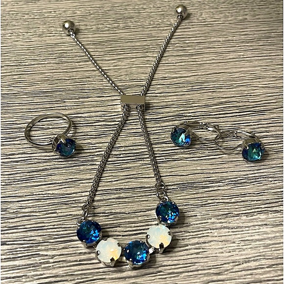 Sterling Silver Swarovski Turquoise Jewelry Set. Anklet, Earrings, Ring - Picture 9 of 14